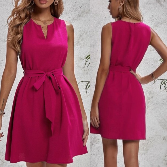 Notched v neck sleeveless belted tunic dress black - Picture 3 of 4